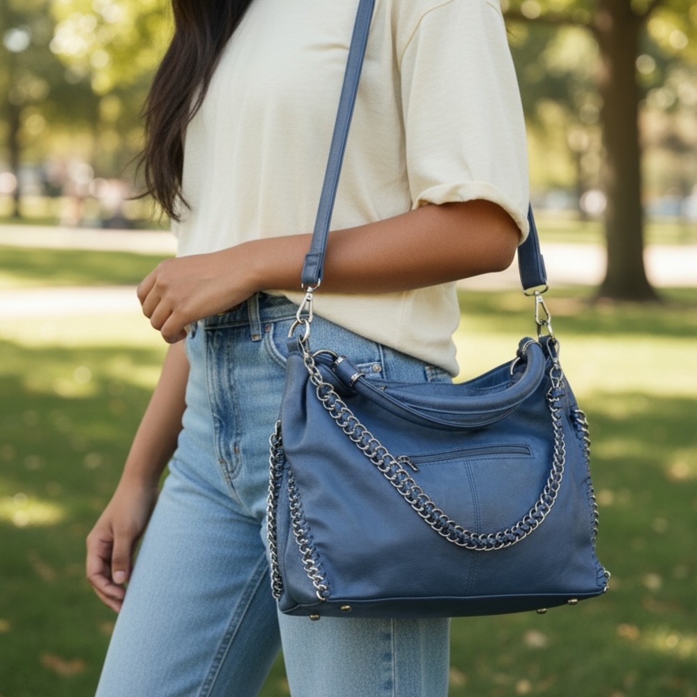 IMOSHION DARK BLUE PURSE Chain Detail Hobo Bag, adjustable strap, handles